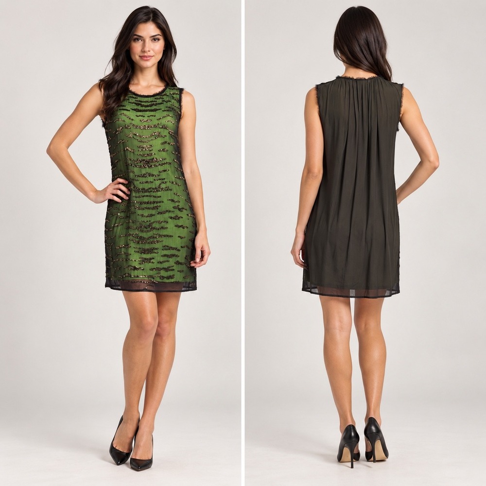 Elie Tahari Silk Sequin Tiger Stripe Shift Dress  Midnight Dream Sz 8 SONY